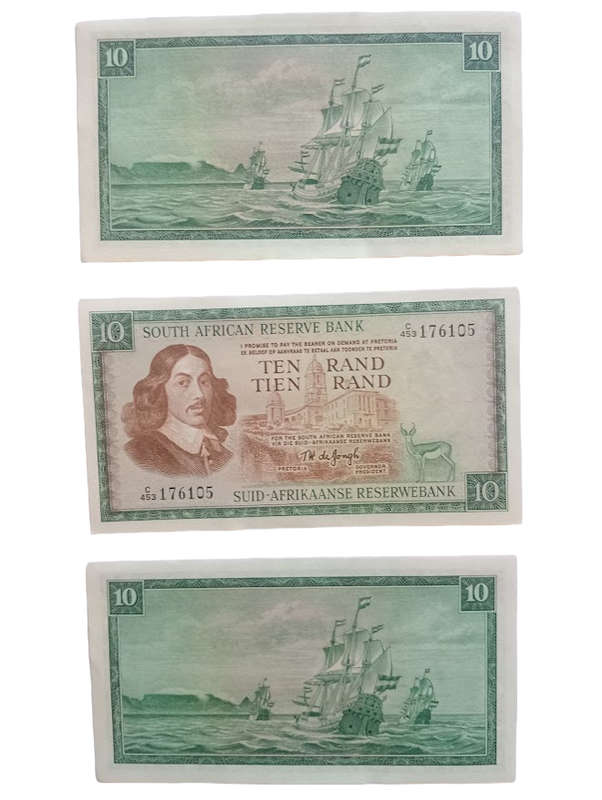 Crazy R1 Start - 3 x South Africa R10 Notes In Sequence -  TW De Jongh of 1975 - Condition AU/UNC