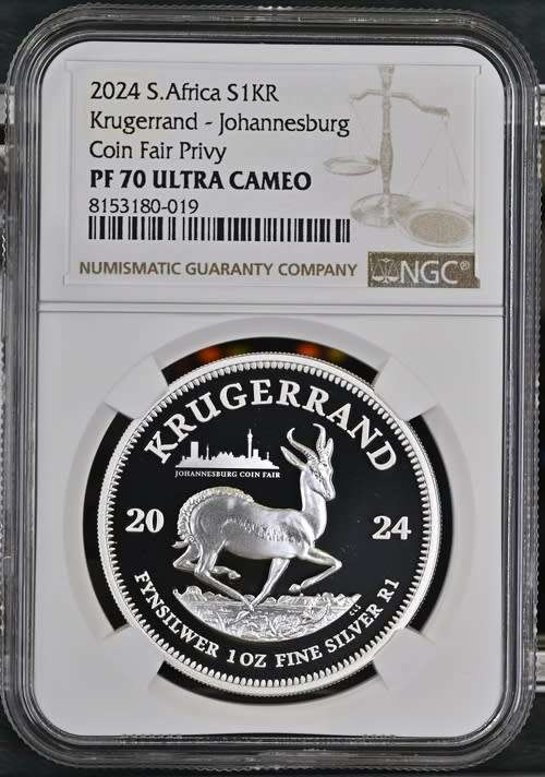 Silver PRIVY Krugerrand 1oz Johannesburg Coin Fair Privy of 2024 Proof 70 Ultra Cameo NGC.