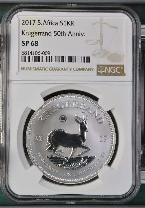 South Africa Silver Krugerrand 50th Anniversary Privy Mark 1oz Fine Silver of 2017 SP 68 NGC