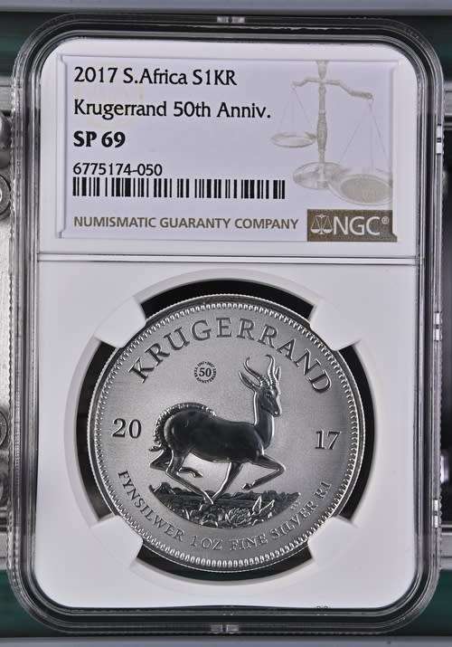 South Africa Silver Krugerrand 50th Anniversary Privy Mark 1oz Fine Silver of 2017 SP 69 NGC