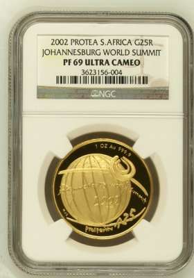 2002 Johannesburg World Summit 1oz Gold 24 Carat (999.99) NGC PF69 # Finest Known  # Last One ##