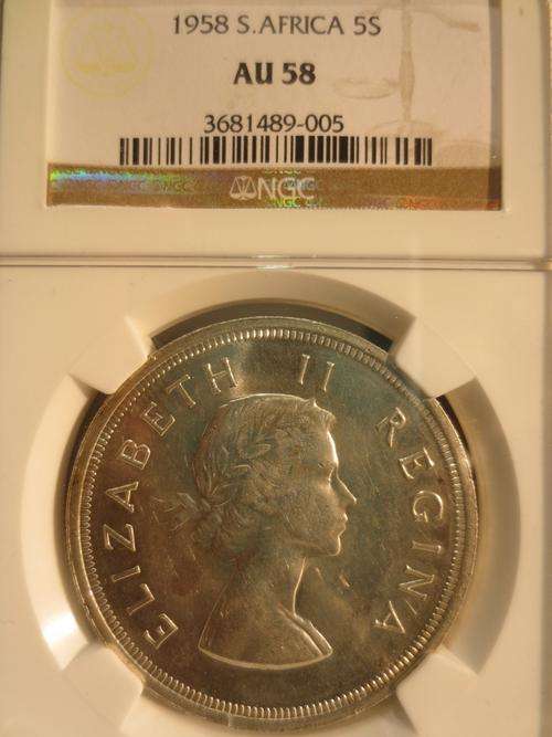 1958 SA Union Silver 5 Shilling NGC Graded AU58 ### Almost PERFECT ### R1 Start