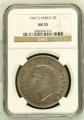 1947 SA Union Silver 5 Shilling (Crown) NGC Graded AU55 # LUSTROUS # R1 Start