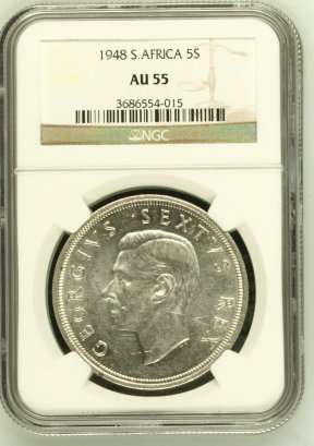 1948 SA Union Silver 5 Shilling (Crown) NGC Graded AU55 # LUSTROUS # R1 Start