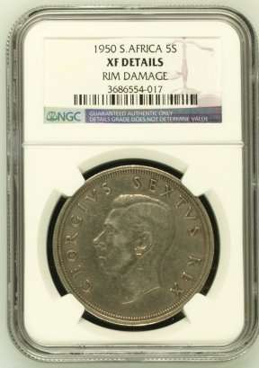 1950 SA Union Silver 5 Shilling (Crown) NGC Graded XF Details # R1 Start