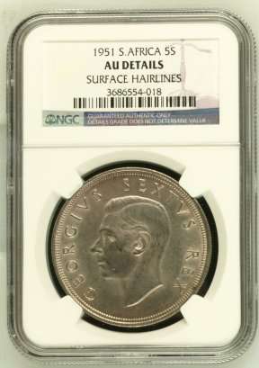 1951 SA Union Silver 5 Shilling (Crown) NGC Graded AU Details # R1 Start