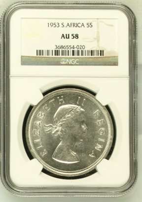 1953 SA Union Silver 5 Shilling (Crown) NGC Graded AU58 # LUSTROUS # R1 Start