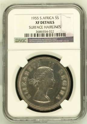 1955 SA Union Silver 5 Shilling (Crown) NGC Graded XF Details # R1 Start