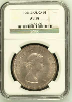 1956 SA Union Silver 5 Shilling (Crown) NGC Graded AU58 # LUSTROUS # R1 Start