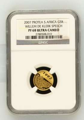 2007 FW De Klerk Speech 1/10th Gold 24 Carat (999.99) NGC P68 Ultra Cameo # LAST ONE #