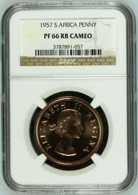 1957 SA Union Penny NGC PF66 RED BROWN CAMEO # Mintage: 1130 # Only 1 in this Grade #