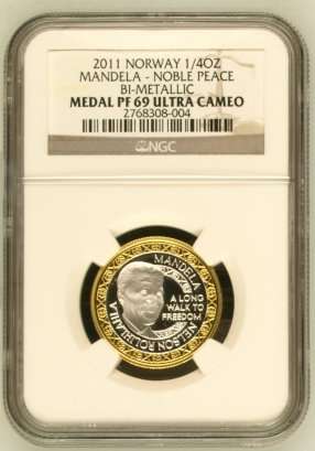 2011 Mandela Nobel Peace Prize Bi-Metallic 1/4 Oz Gold 24 Carat NGC PF69 | INCLUDES ORIGINAL BOX |