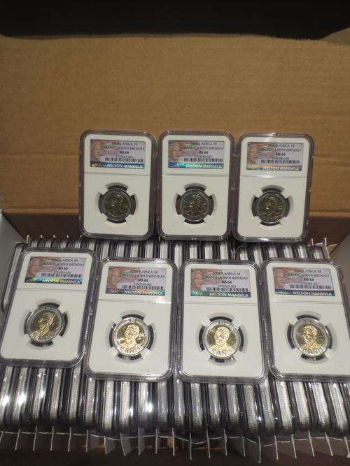 50 x Mandela 90th Birthday R5 NGC MS66 | Box of 50 | MANDELA COLOURISED LABEL HOLDER | FUN SUNDAY |