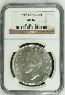 1950 SA Union Silver 5 Shilling NGC Graded MS62 # PERFECT UNC # FUN ends Friday 8pm #