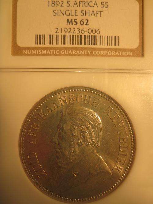 1892 ZAR 5 Shilling (Crown) Single Shaft NGC Graded MS62 | PERFECT UNC | Highly Sought After |