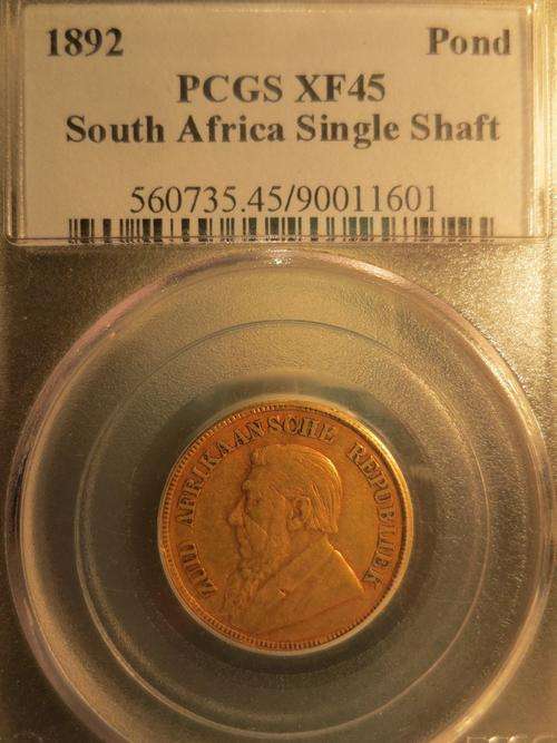 1892 ZAR Gold 'Single Shaft' Pond PCGS Graded XF45 | RARE SINGLE SHAFT | HERN'S PRICE EF R150 000 |