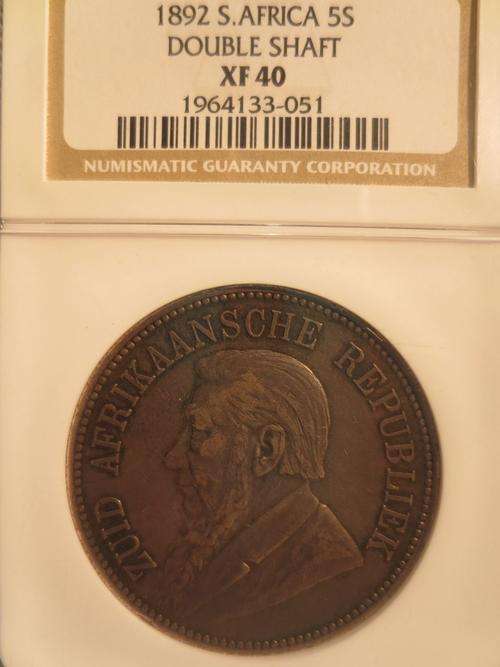 1892 ZAR 5 Shilling (Crown) Double Shaft NGC Graded XF40 | ULTRA RARE DOUBE SHAFT | FUN SUNDAY |
