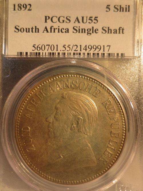 1892 ZAR 5 Shilling (Crown) Single Shaft PCGS Graded AU55 | LUSTROUS | HIGHLY SOUGHT AFTER |