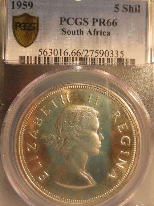 1959 SA Union Silver 5 Shilling (Crown) PCGS Graded PROOF 66 | Rare this NICE | FUN SUNDAY |