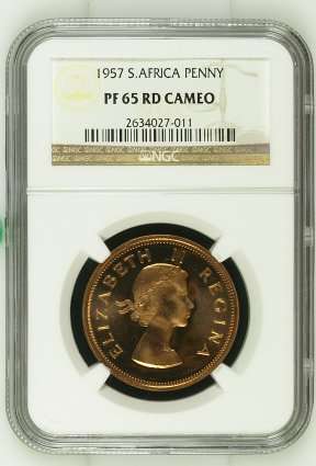 1957 SA Union Penny NGC Proof 65 RED CAMEO | BLAZING MINT RED | Mintage: 1130 Only | KEY DATE |