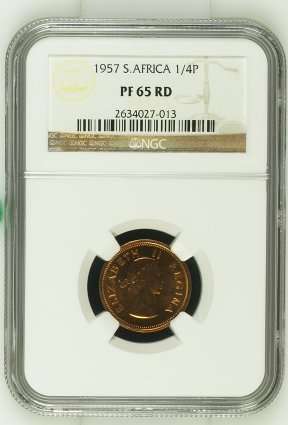 1957 SA Union Quarter Penny NGC Proof 65 RED | BLAZING MINT RED | Mintage: 1130 Only | KEY DATE |