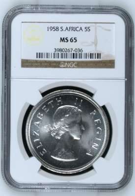 1958 SA Union Silver 5 Shilling (Crown) NGC GRADED MS65 | BRILLIANT UNC | FINEST KNOWN | RARE |