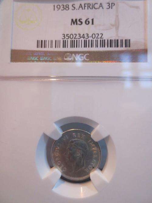 1938 SA Union Silver 3 Pence NGC Graded MS61 | KEY DATE | Hern's Price UNC: R1500 |