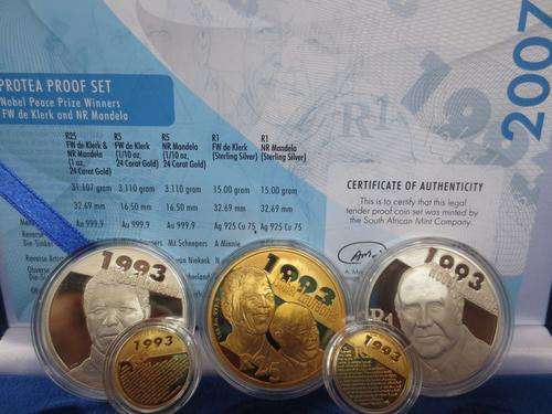 2007 Protea Proof Set - Nelson Mandela & FW De Klerk - 1oz Gold, 2 x 1/10th Gold, 2 X R1 Silver