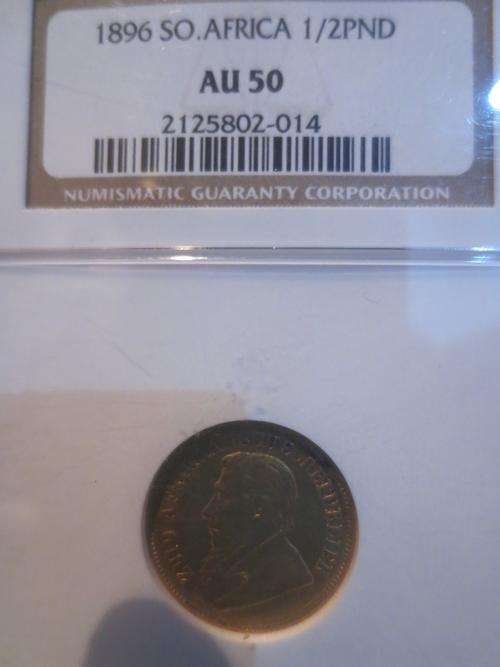 1896 ZAR Gold Half Pond NGC Graded AU50 | Lustrous | Hern's Price EF R25 000-00 |
