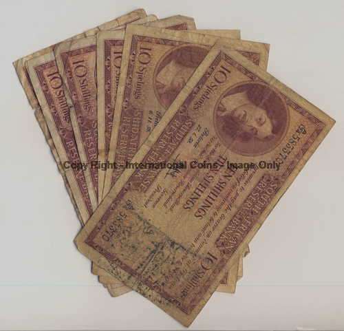 Lot of 6 very well used MH de Kock 10 Shillings banknotes - All different years