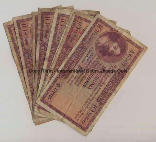 Lot of 8 well used and dirty MH de Kock Ten Shilling banknotes - at under half of Fine value