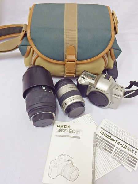 Pentax MZ-60 camera with 2 lenses and booklets in bag - Not tested