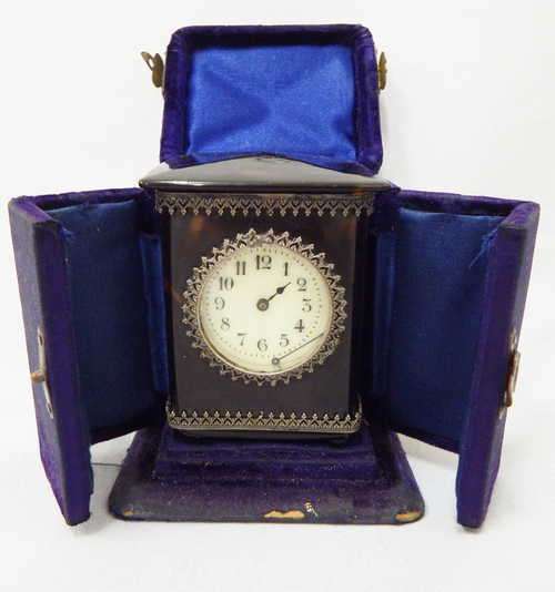 Antique French tortoise shell travelling clock in case