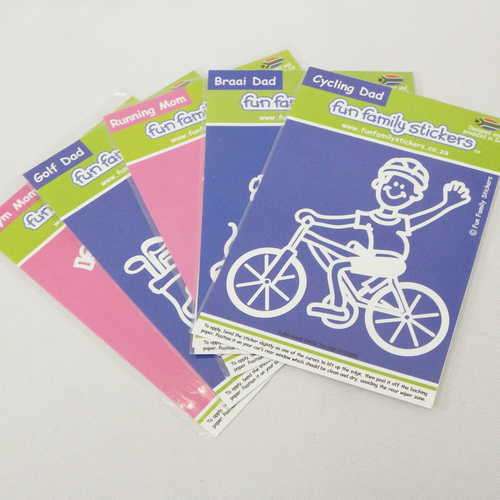 Lot of 5 Fun Family stickers - Gym mom, Golf dad, Running mom, Cycling dad and Braai dad