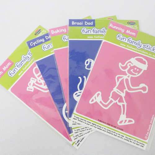 Lot of 5 Fun Family stickers - Gym mom, Cycling dad, Baking mom, Braai dad, Running mom