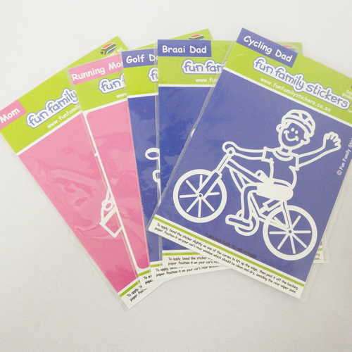 Lot of 5 Fun Family stickers - Mom, Running mom, Golf dad, Braai dad, Cycling dad
