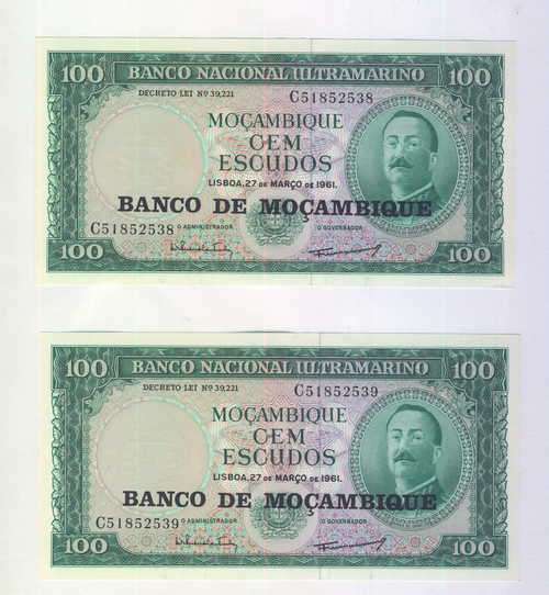 Lot of 2 Mozambique 1961 issue 100 Escudos banknotes with 2 consecutive numbers