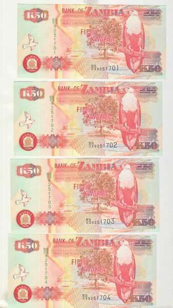 Lot of 100 Zambia 50 Kwacha banknotes with consecutive numbers - uncirculated - 2008 issue