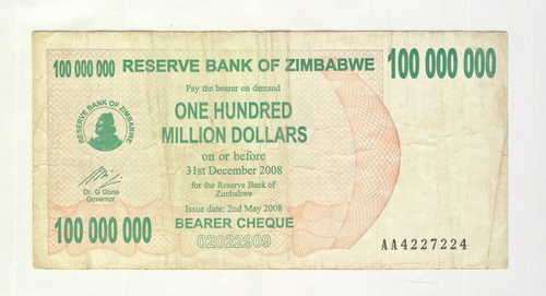 Zimbabwe 100 million dollar banknote - bearer cheque with RADAR number - AA4227224