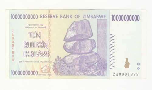 Zimbabwe 10 billion dollars banknote with number ZA0001898
