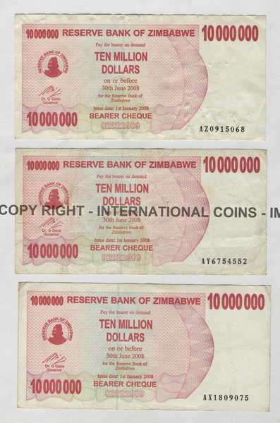 Lot of 9 Zimbabwe banknotes - Ten million dollars with prefix AR, AS, AT, AU, AV, AW ,AX,  AY ,AZ!