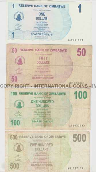 Lot of 14 Zimbabwe banknotes 2007/2008 bearer cheques - 1 dollar to 500 000 000 dollars