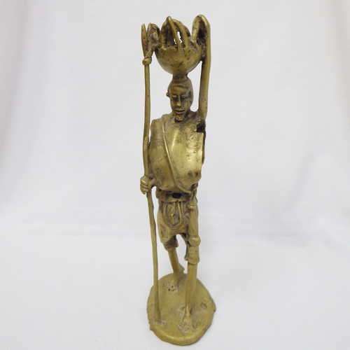 Lost wax method Brass casting West Africa figurine - Man with stick carrying basket on head