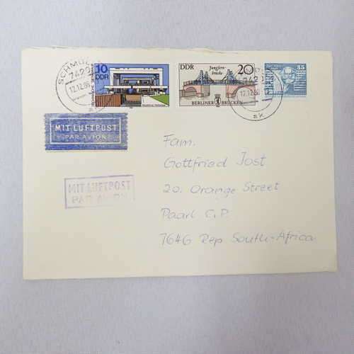 Airmail cover from Schmolln, Germany to Paarl, South Africa with `mit luftpost par avion` ink stamps