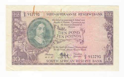 1955 M H de Kock ten pound note - excellent with fold marks and some rust