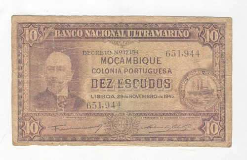 1945 Mozambique Banco Nacional Ultramarino 10 escudos banknote