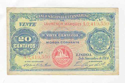 1914 Mozambique Banco Nacional Ultramarino 20 centavos banknote - VF