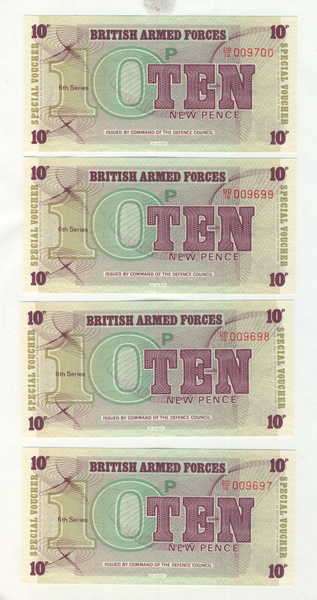 Lot of 8 6th series British Armed Forces 10 pence notes - uncirculated with consecutive numbers