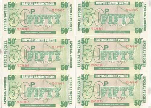 Lot of 17 6th series British Armed Forces 50 pence banknotes uncirculated with consecutive numbers