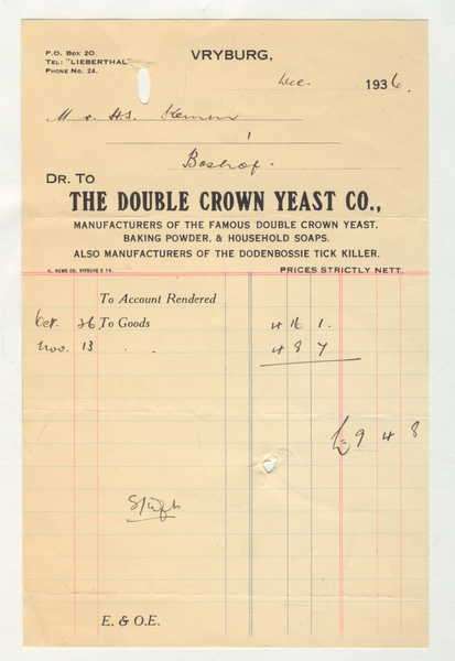 Statement for The double crown yeast co. - Vryburg 1936